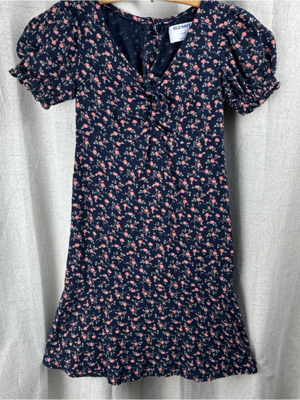 Old Navy Dress Girls Ditsy Floral Dark Blue Aline Cottagecore Prarie L 10-12